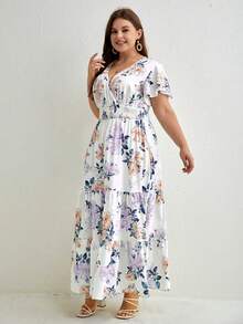 SHEIN Holidaya Plus Size Nữ Kỳ Nghỉ Hè Phong Cách Họa Tiết Hoa Thắt Nơ Xù Tay Ngắn - Màu tím - Xem 3