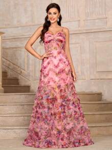 SHEIN Belle Elegant Spaghetti Strap Sweetheart Neckline 3D Floral Printed See-Through A-Line Women Evening Dress (Heavy Duty) - Multicolor - View 3