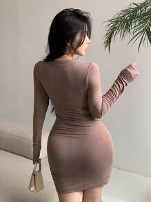 DAZY 女士时尚纯色修身长袖连衣裙，休闲女装，返校服装，秋季连衣裙 - 棕色 - 查看 5