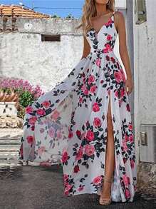 Women's Floral Print High Slit Maxi Beach Dress - White - View 1