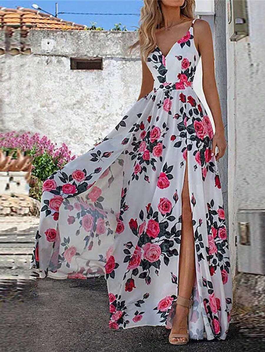 Women's Floral Print High Slit Maxi Beach Dress - White - View 1