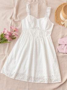 Dreamara White Embroidered Texture Fabric, Waistband Lace, Romantic Vacation, Plus Size Women's Summer Princess Style A-Line Dress With Flutter Sleeves Corset Dress Party Women Dresses Women Dresses Short Formal Dress Birthday Teens Dress White Midi Dress Pleated Dress Spring Dress Junior Dresses White Women Outfits Embroidered Country Concert Embroidered Lace Romantic Vacation Pleated Dress