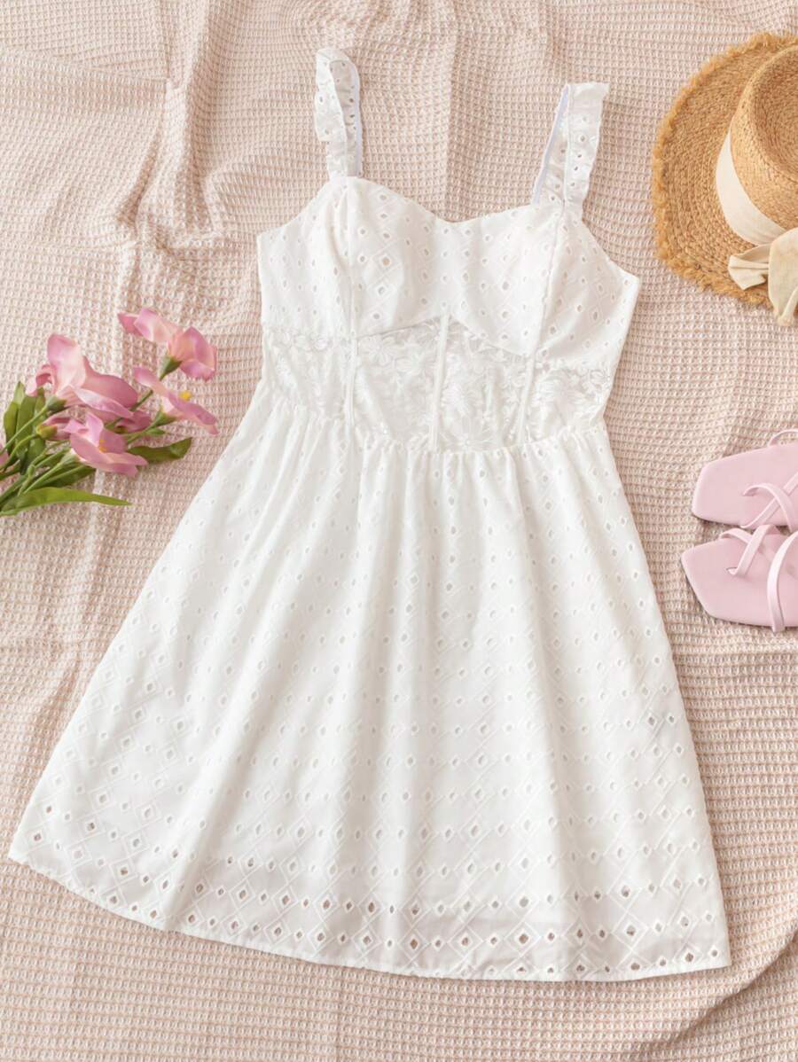 Dreamara White Embroidered Texture Fabric, Waistband Lace, Romantic Vacation, Plus Size Women's Summer Princess Style A-Line Dress With Flutter Sleeves Corset Dress Party Women Dresses Women Dresses Short Formal Dress Birthday Teens Dress White Midi Dress Pleated Dress Spring Dress Junior Dresses White Women Outfits Embroidered Country Concert Embroidered Lace Romantic Vacation Pleated Dress