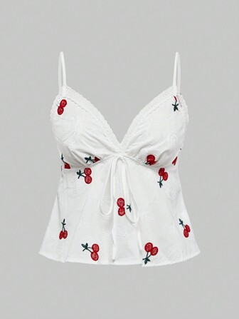 Kawaii Weiße Frauen Trägerbluse mit Kirsche Stickerei, 3D Blumenmuster, einfacher Frühlings- und Sommerstil, für Schule