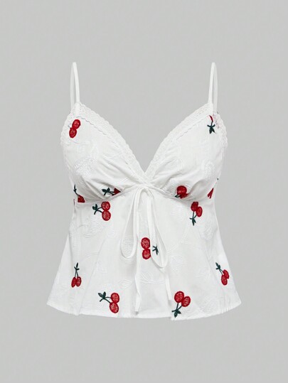 Kawaii Weiße Frauen Trägerbluse mit Kirsche Stickerei, 3D Blumenmuster, einfacher Frühlings- und Sommerstil, für Schule