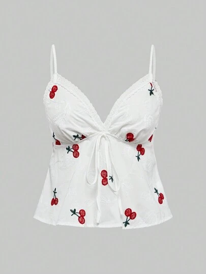 ROMWE Kawaii White Cherry Embroidery 3D Floral Pattern Simple Spring & Summer Resort Style Women Camisole Top, School