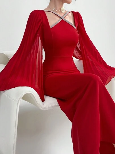 Modelyn Women Fashionable Solid Color Flared Sleeves Cross Design Dress, Elegant Evening Party Dress For New Year Clothes Long Evening Dresses Fall Cloth For Women