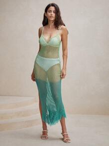 Anewsta Gradient Color Hollow Out Knitted Sheer Beach Summer Vacation Women Sling Cover Up Dress - Green - View 1