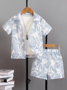 SHEIN Conjunto de camisa de manga corta y pantalones cortos de lino con estampado tropical de plantas para niño joven, ideal para vacaciones de verano