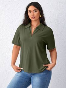 SHEIN Essnce 夏季大码纯色落肩短袖 T 恤 - 軍綠色 - 查看 4