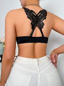 SHEIN 女士背部連接蝴蝶花邊文胸，聚攏和成型杯式前扣 - 黑色 - 查看 8