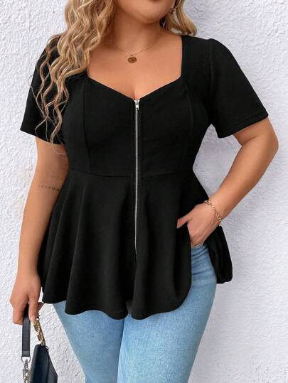 Elenzga Wave Hem Zip-Up Square Neck Short Sleeve Casual Elegant Plus Size Women Blouse