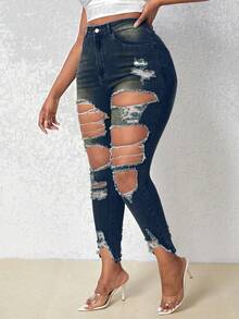 SHEIN SXY 大尺碼女士帶口袋和破洞設計的修身牛仔褲 - 藍色 - 查看 7