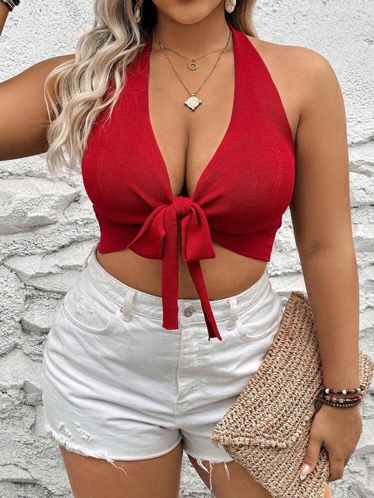 Plus Size Women Summer Solid Color Front Tie Crop Top With Halter Neck