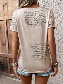 Zayélia Summer Casual Half Zip Short Sleeve Tee With Letter Print And Asymmetrical Floral Cut - Apricot - View 2