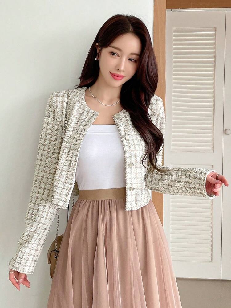 Women Plaid Round Neck Short Length Long Sleeve High-End Jacket,Fall Women Clothes