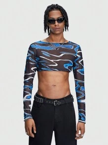 ROMWE MEN 男士長袖波浪印花短袖T-shirt - 彩色 - 查看 1