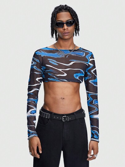 Playera de manga larga para hombre con impresión de olas y corte corto