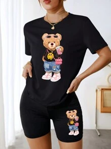 INAWLY Damska śliczna koszulka z krótkim rękawem i spodenki rowerowe na lato - Czarne - Zobacz 3