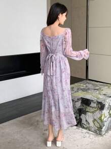 DAZY Vestido con estampado total, mangas farol, cremallera y volantes con estampado floral para mujer - Morado - Ver 2