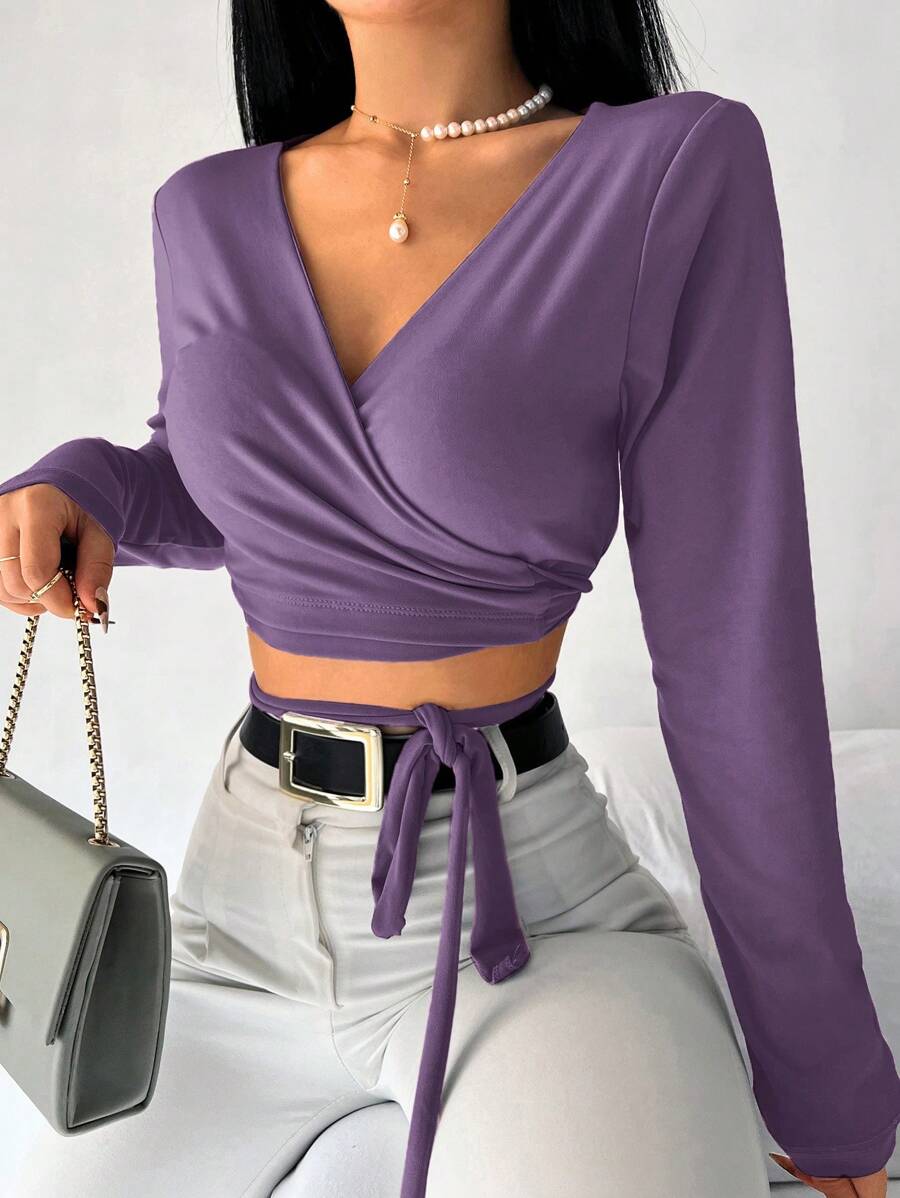 V-neck Ruched T-shirt - Purple - View 1