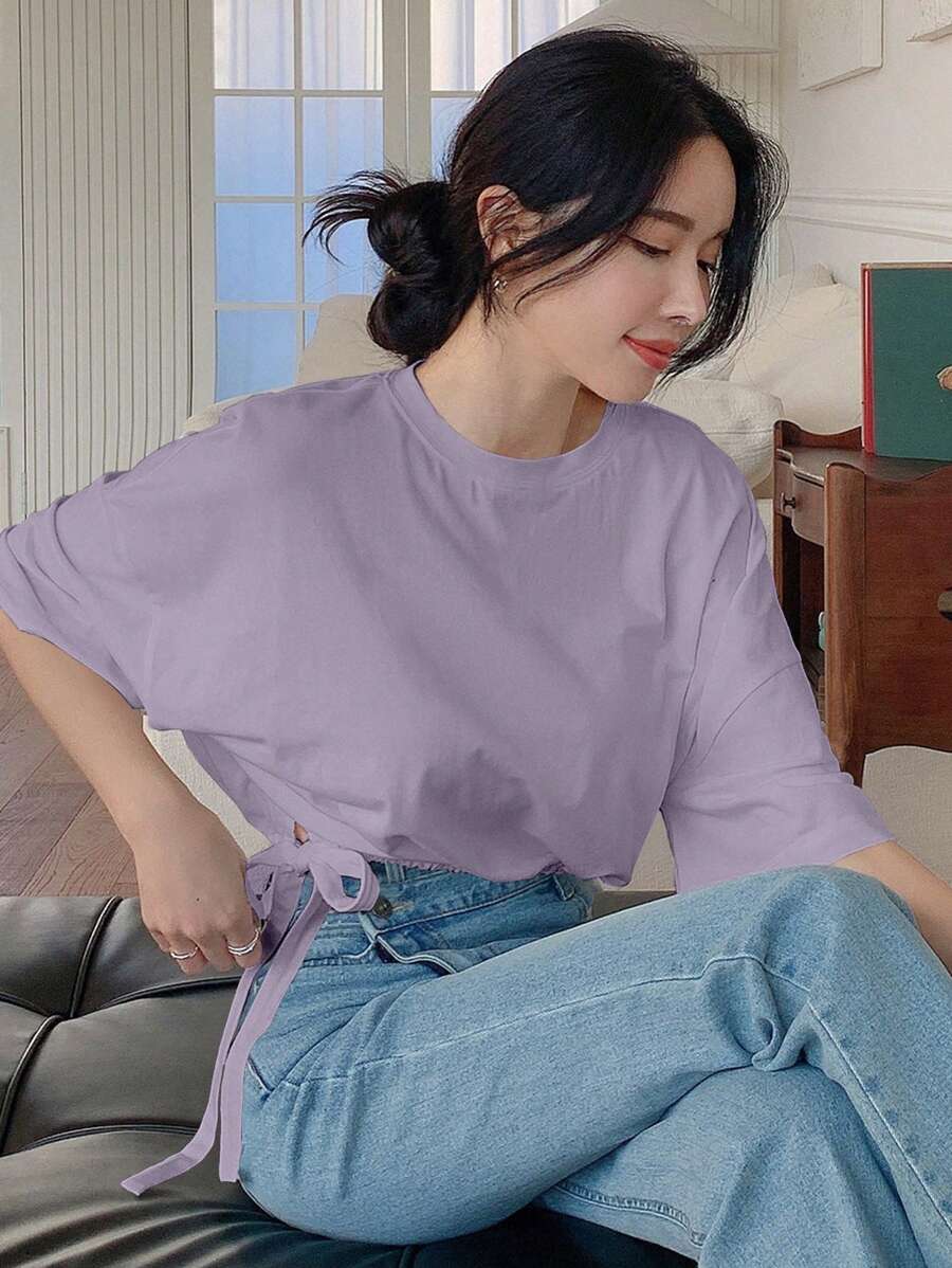 DAZY 女性夏季純色圓領短袖休閒T恤，腰部打結設計 - 紫丁香色 - 查看 1