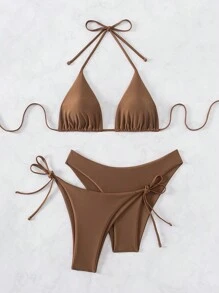 Swim Basics Women Summer Beach Solid Halter Neck 3-Piece Bikini Set Bathing Suit