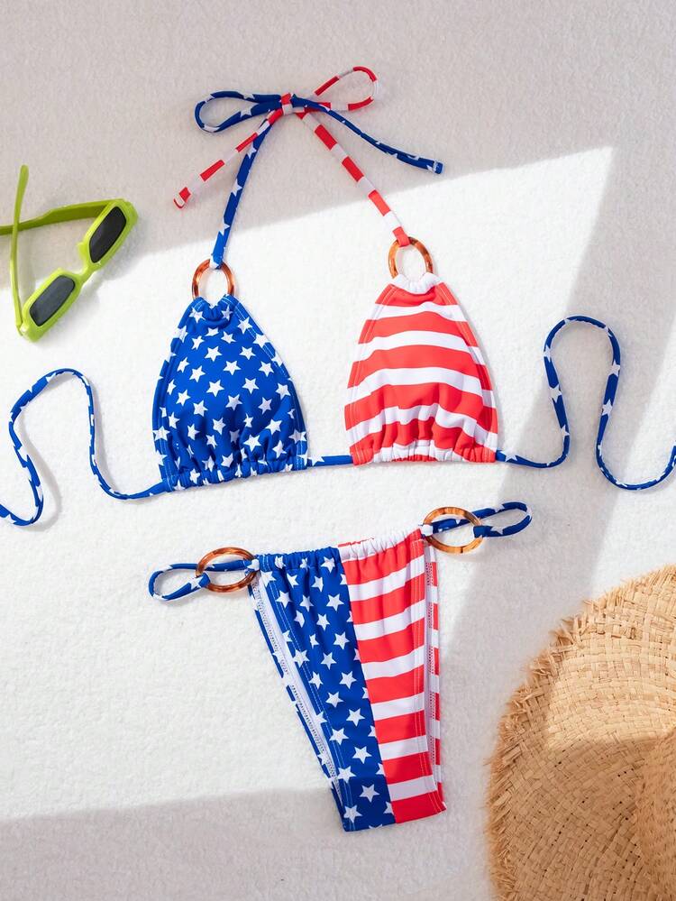 Women Summer Holiday Style Star And Stripe USA Flag Print Halter Bra & Bikini Bottom 4th Of July Bikini Set, Random Pattern