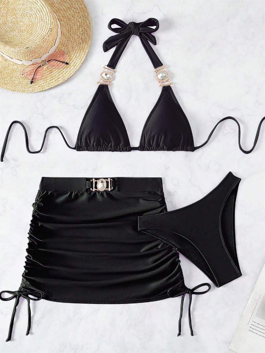 SHEIN Swim Summer Beach Bikini Set With Rhinestone Decor And Detachable ...