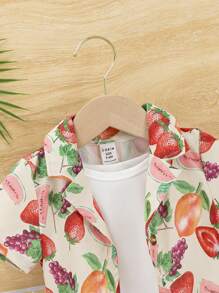Conjunto de camisa hawaiana estampada cómoda y casual para bebés con gráficos "frutales" y shorts de mezclilla con estilo desgastado para el verano - Multicolor - Ver 5