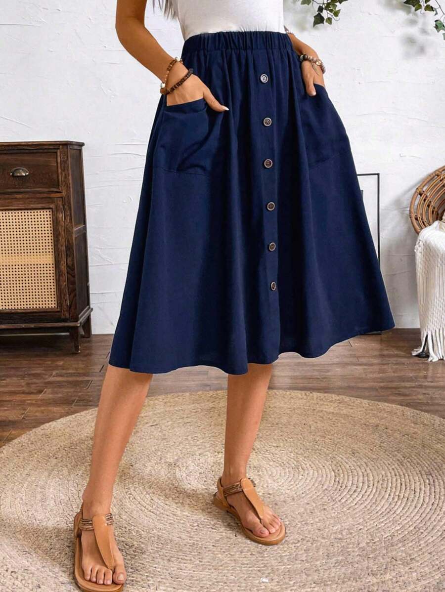 Chiquease NỮ A-line Chiều dài trung bình Váy Với Giải trí Nút Đồ trang trí - Màu xanh hải quân - Xem 1