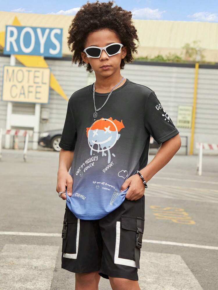 Tween Boys' Cartoon Letter Print Ombre Short Sleeve T-Shirt And Shorts Set