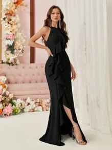 SHEIN Belle Women Exaggerated Ruffle Trim, Mermaid Hem, Front Slit Maxi Halter Evening Dress Formal Ball Gown For Women Black Elegant Prom Wedding Guest Dress, For Graduation, Dinner Party Dress - Black - View 4