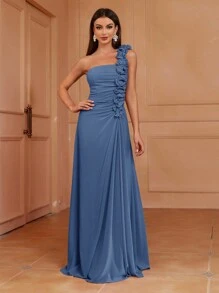 SHEIN Belle Asymmetrical Neck Ruffle Bridesmaid Dress Formal Ball Gown For Women, Elegant Prom Evening Wedding Guest Dress, For Graduation, Dinner Party Dress