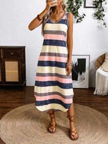 SHEIN LUNE Spring/Summer Casual Color-Block Striped Sleeveless Dress With Curved Hem Maxi Women Outfit