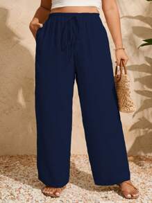 Pantalones holgados de talla grande para mujer con cintura ajustable con cordón y bolsillos en unicolor - Azul Marino - Ver 5