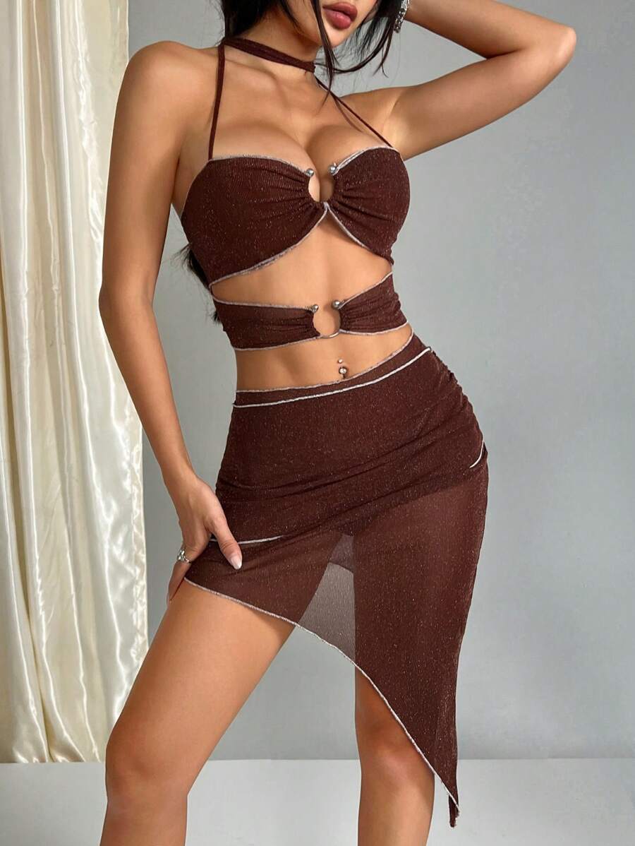 SHEIN Unity Women\ Halter Neck Strap Fashionable Dress - Brown - View 1