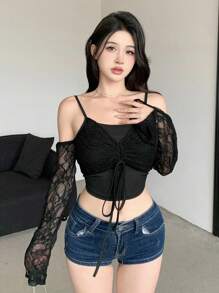 Dazy Designer 女士时尚二合一抽绳上衣 长袖女式上衣 短款女式上衣 - 黑色 - 查看 7