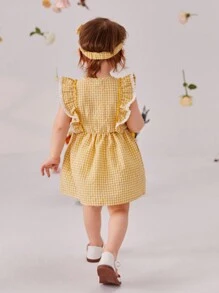 SHEIN Babymeisje Lotusblad Geborduurde bloemen Damboord Korte mouwen Jurken Met Vlinderdas Hoofddoek , Elegant , Comfortabel En Perfect Voor Vakantie In Lente En Zomer