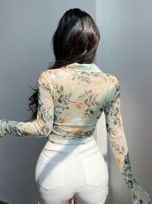 DAZY Women Floral Print Long Sleeve Cropped See-Through Top For Spring And Summer - Yellow - View 5