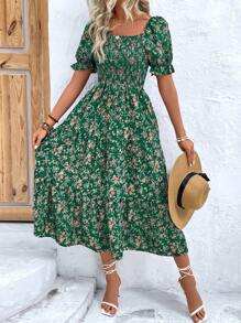 Breezaya Váy đi nghỉ lệch vai in hoa thông thường mùa hè - màu xanh lá - Xem 4