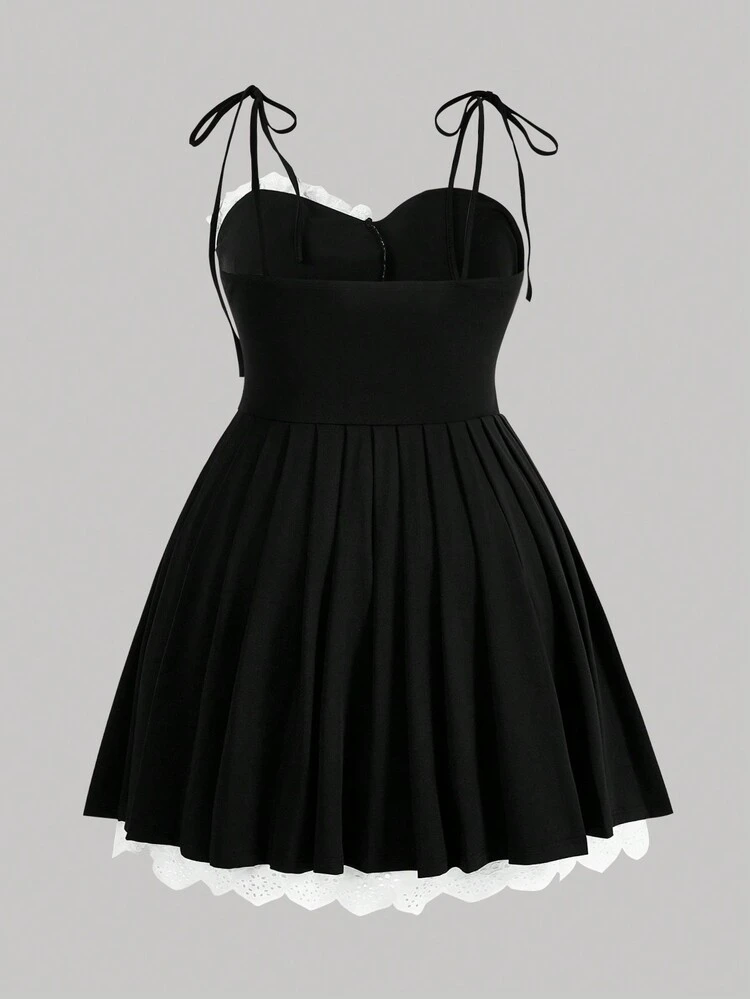 Plus Size Black Summer Colorblock Floral Lace Ruffle Strap Dress