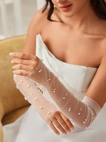 SHEIN Belle 1pair Elegant And Luxurious Pearl/Shell Arm Cuff For Women, Suitable For Wedding - Beige - View 2