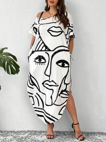 SHEIN LUNE Đầm dài in họa tiết trừu tượng vai chéo cỡ lớn - trắng - Xem 1