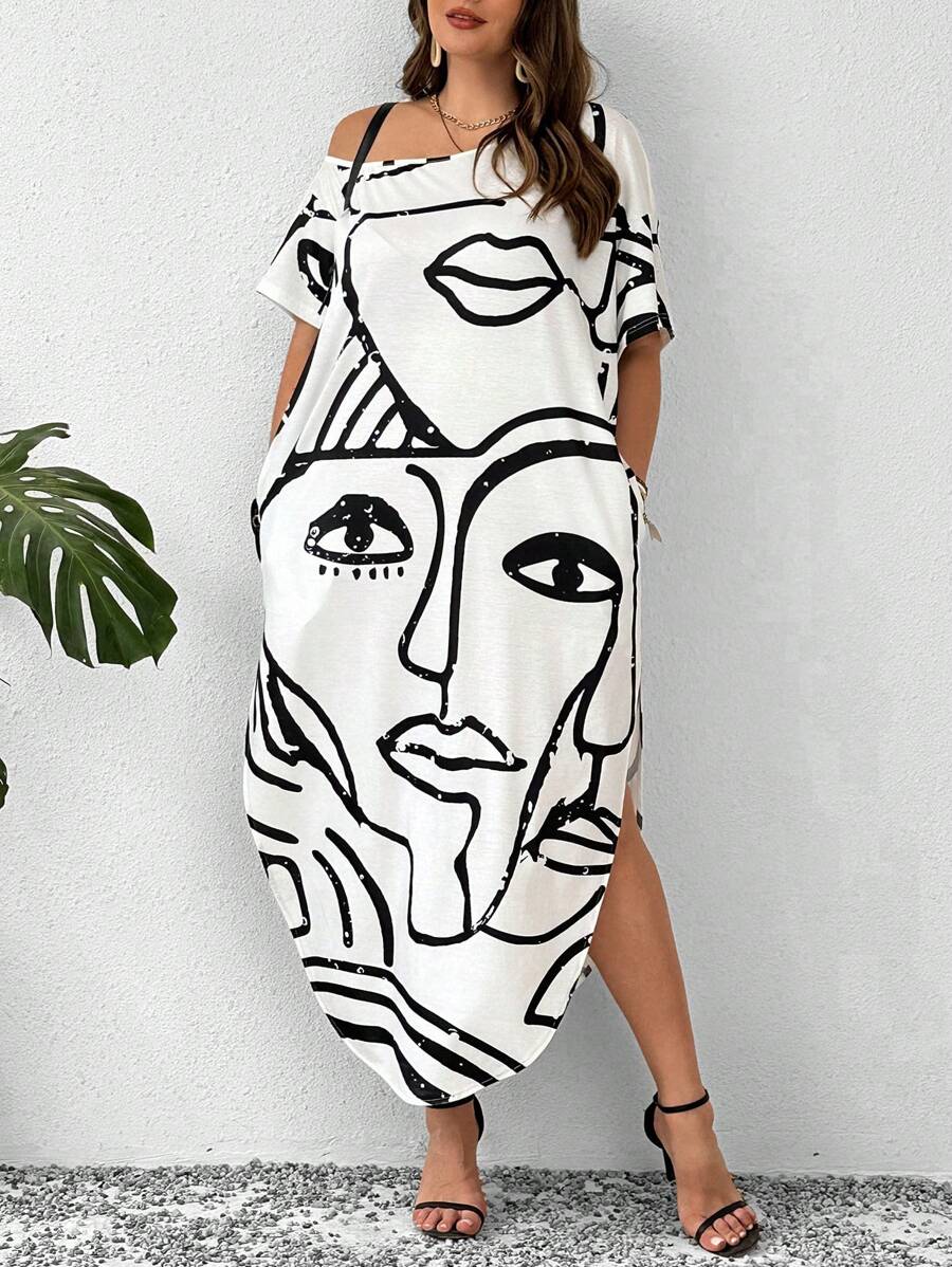 SHEIN LUNE Đầm dài in họa tiết trừu tượng vai chéo cỡ lớn - trắng - Xem 1