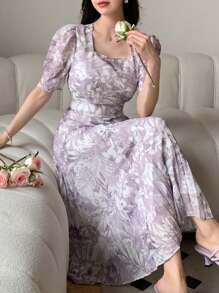 DAZY Square Neck Ink Flower Print Bubble Sleeve Pleated Waist Dress - Purple - View 3