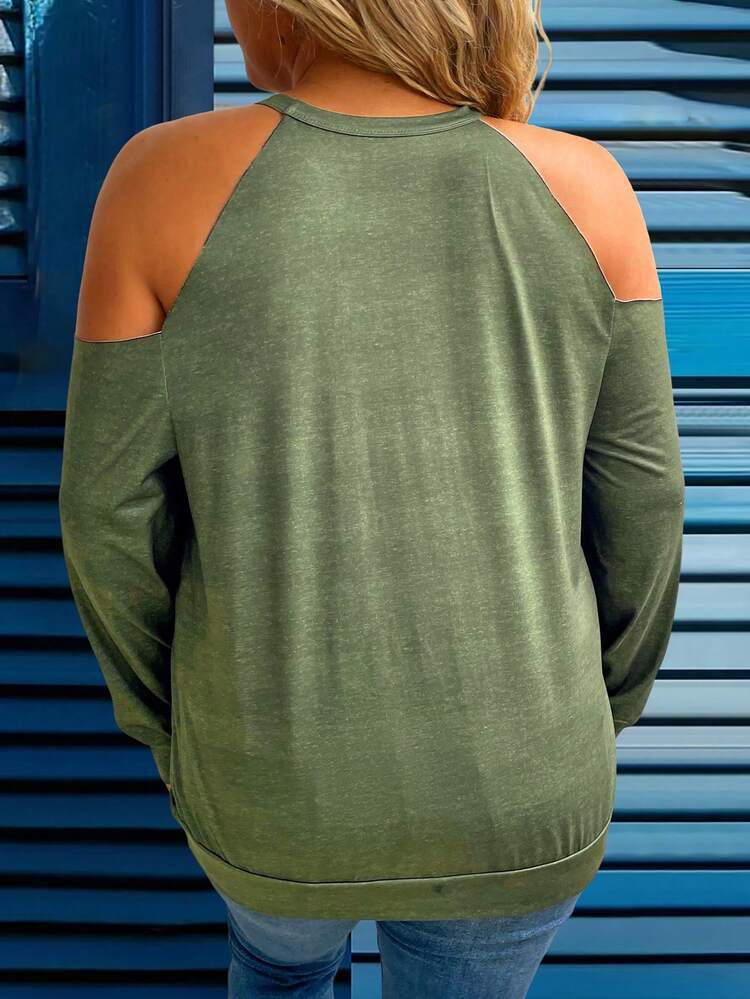 Plus Size American Flag Printed Cold-Shoulder Halter Casual Sweatshirt Pullover Fall