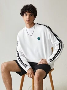 SWAVVY Sweat-shirt à manches longues, col ras du cou, style décontracté avec blocs de couleurs et rayures pour hommes. Couleur blanc, bloc de couleurs graphique. Idéal pour les amis, le mari, le petit ami