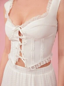 Enchnt Women Solid Color Lace Trimmed Crop Top With Tie Straps For Summer - White - View 6
