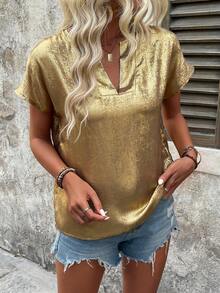 SHEIN LUNE NỮ Mùa hè Thoải mái Ngắn tay Áo sơ mi Với Đường viền cổ chữ V , Kết cấu kim loại Và tay cánh Thiết kế - Vàng - Xem 3